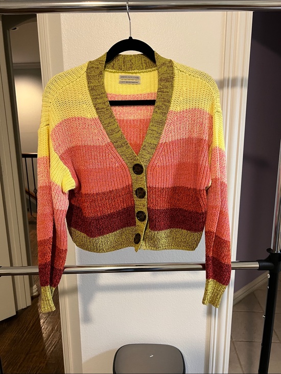 Urban Outfitters Sweaters - Urban Outfitters Yellow Pink Orange Striped Cropped Button Cardigan